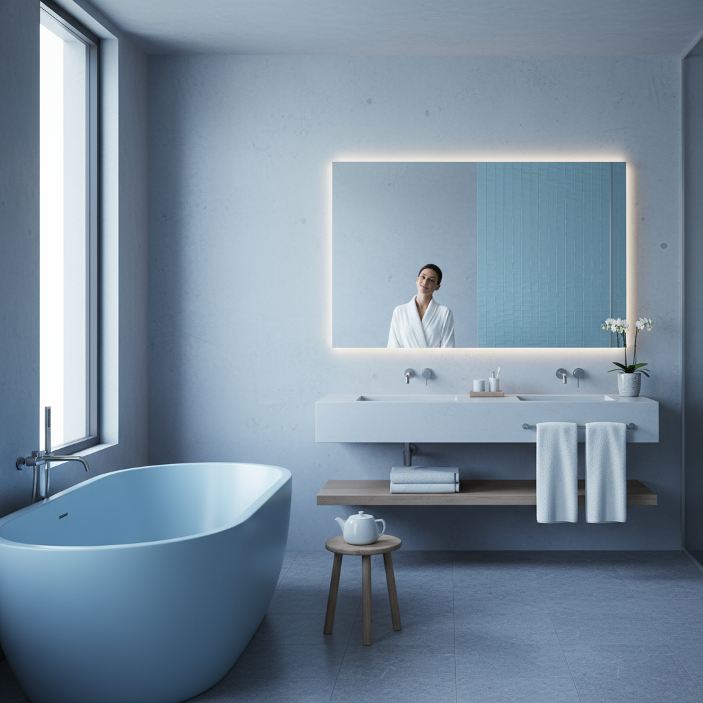 Client apaisé dans une salle de bain moderne et lumineuse, ambiance propre et zen, tons bleu clair et gris anthracite, lumière naturelle douce, reflet dans le miroir, sourire discret, atmosphère premium et rassurante, style photo publicitaire haut de gamme.
