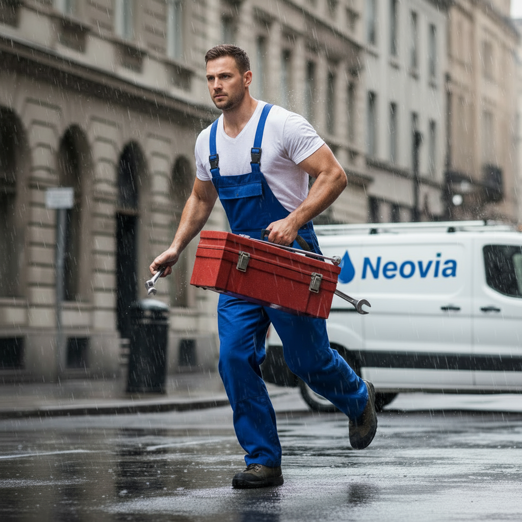 Plombier professionnel en train de courir, avec un camion de dépannage décoré du logo et du nom 'neovia' bien visible. Le plombier porte un pantalon de travail moderne, un tee-shirt blanc, et n'a rien de particulier sur la tête. Ambiance réaliste, professionnelle et dynamique.