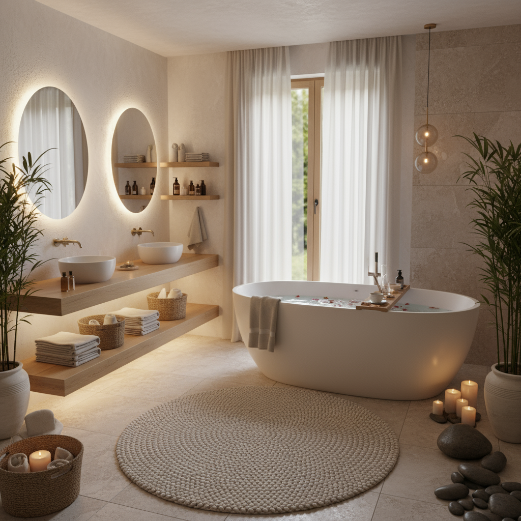 une salle de bain cocooning et apaisante, ambiance chaleureuse, décoration zen, lumières tamisées, tons neutres et naturels, matières douces, atmosphère relaxante, style moderne et accueillant, inspiration spa